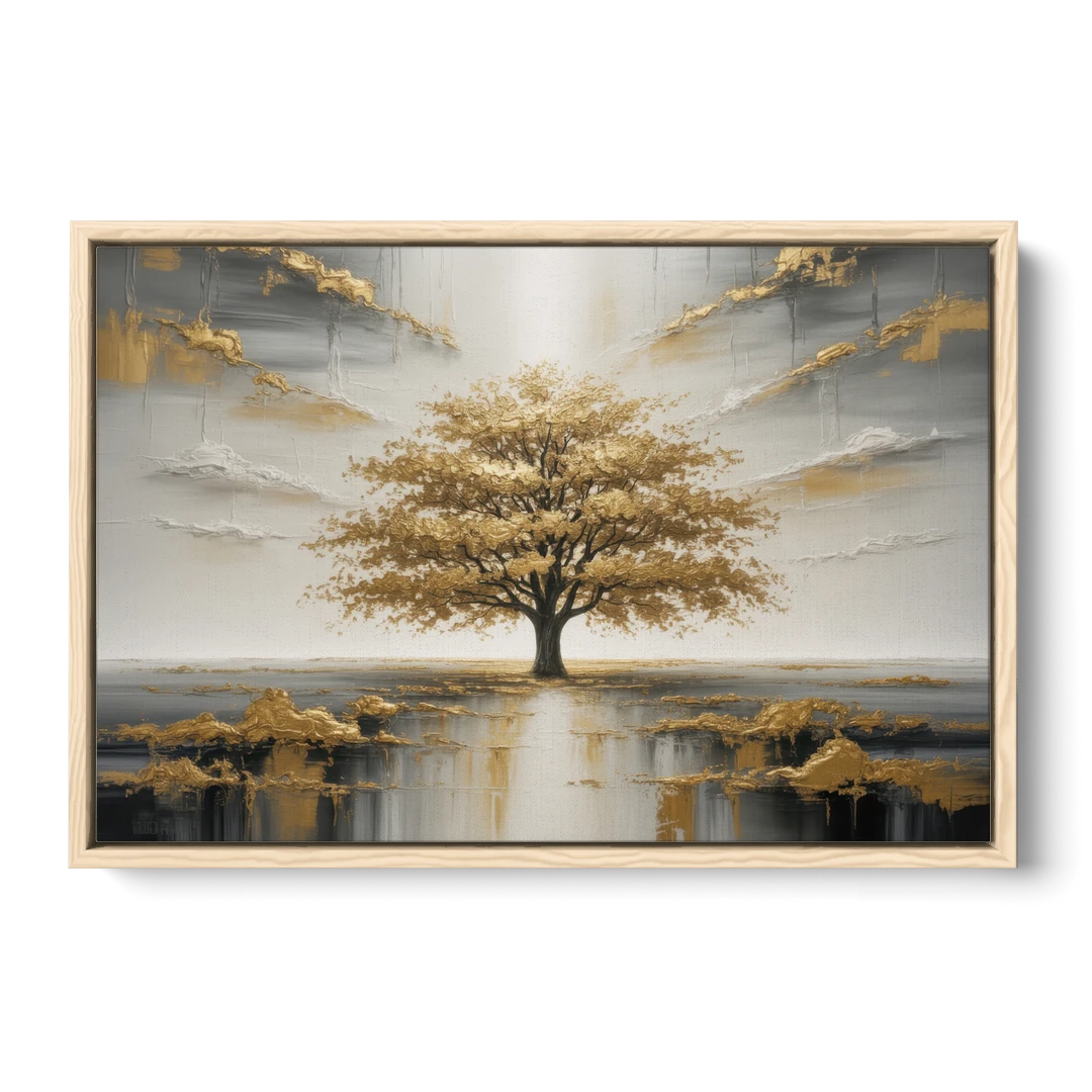 Majestic Tree Serenity White and Gold - Oak Framed Canvas Wall Art - Front