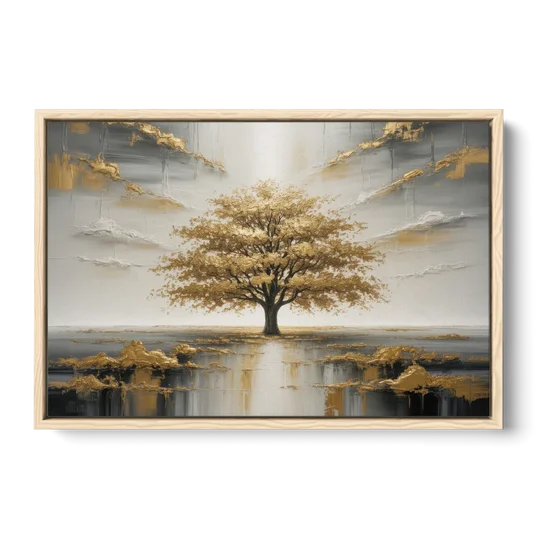 Majestic Tree Serenity White and Gold - Oak Framed Canvas Wall Art - Front