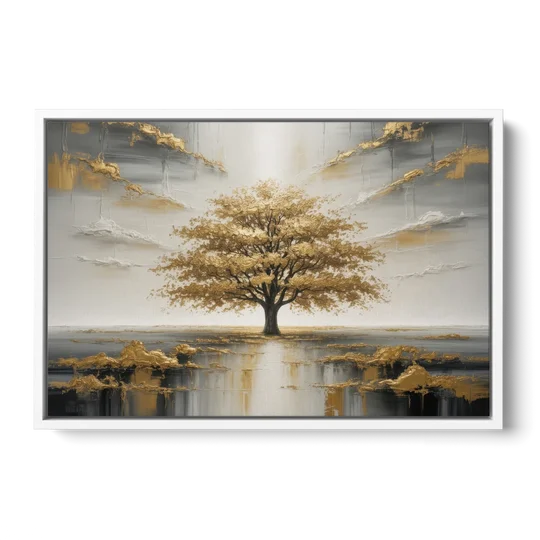 Majestic Tree Serenity White and Gold - White Framed Canvas Wall Art - Front
