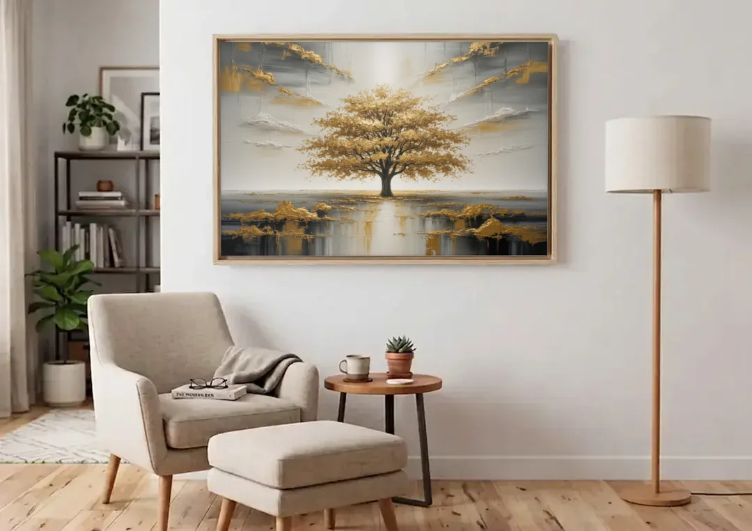 Majestic Tree Serenity White and Gold canvas wall art above an armchair in a bright living room