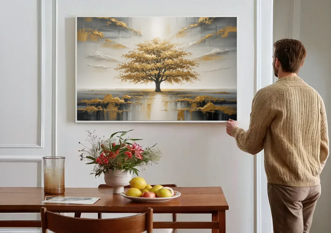 Majestic Tree Serenity White and Gold canvas wall art above a dining table