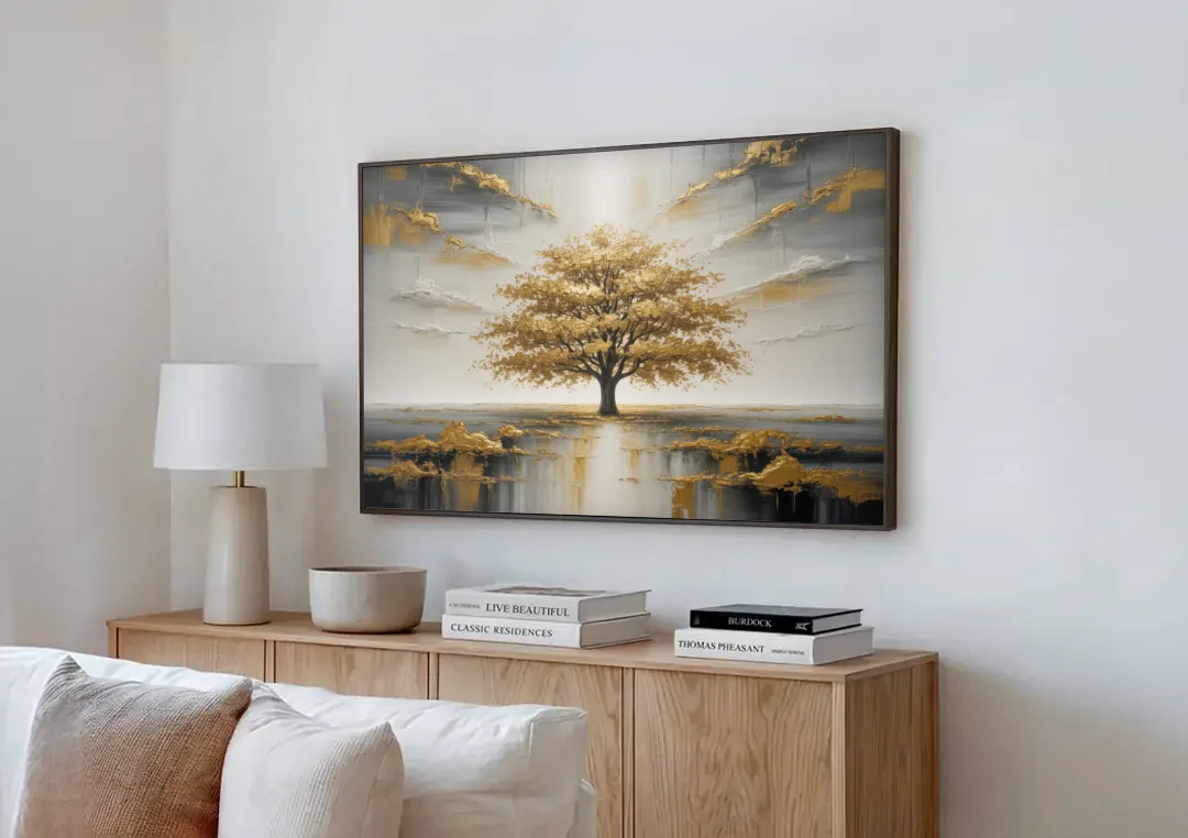 Majestic Tree Serenity White and Gold canvas wall art above a wooden sideboard next to a sofa