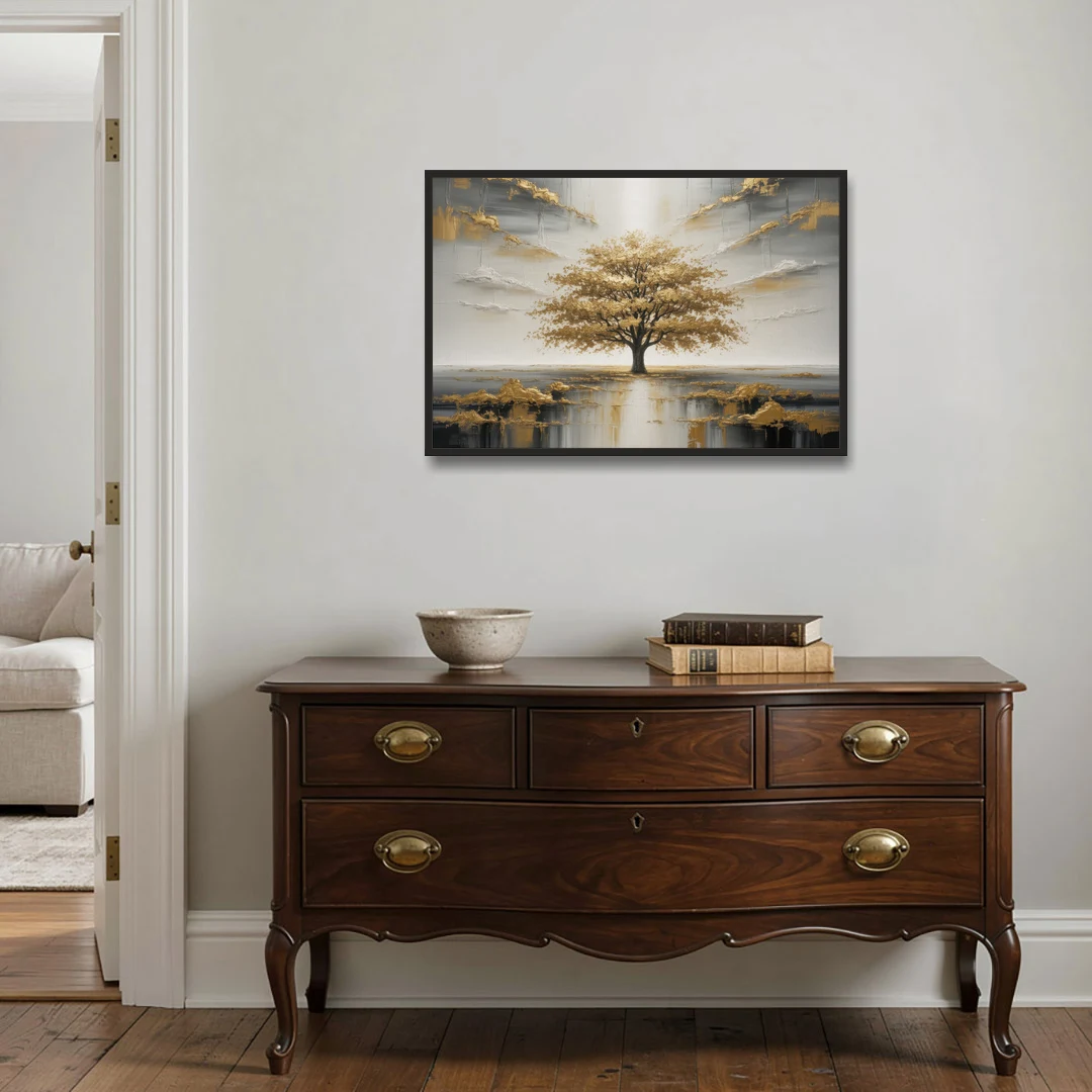 Majestic Tree Serenity White and Gold - Black Framed Canvas Wall Art - Coffee Table - 36x24