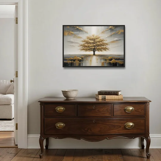 Majestic Tree Serenity White and Gold - Black Framed Canvas Wall Art - Coffee Table - 36x24