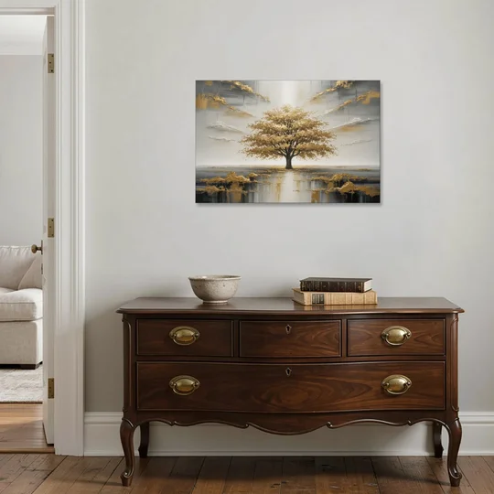 Majestic Tree Serenity White and Gold - Canvas Wall Art - Coffee Table - 36x24