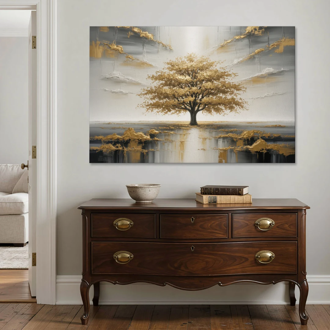 Majestic Tree Serenity White and Gold - Canvas Wall Art - Coffee Table - 60x40