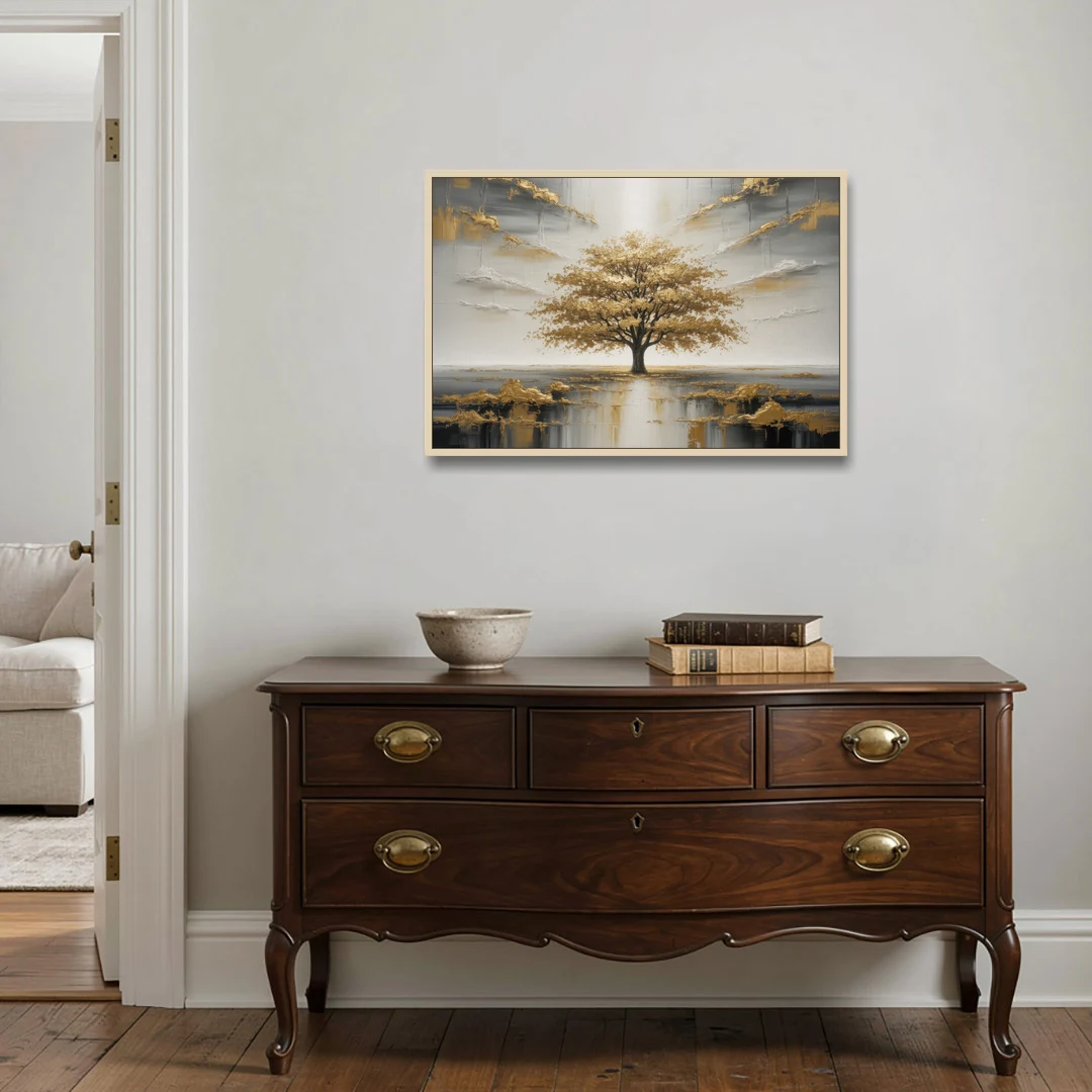 Majestic Tree Serenity White and Gold - Oak Framed Canvas Wall Art - Coffee Table - 36x24