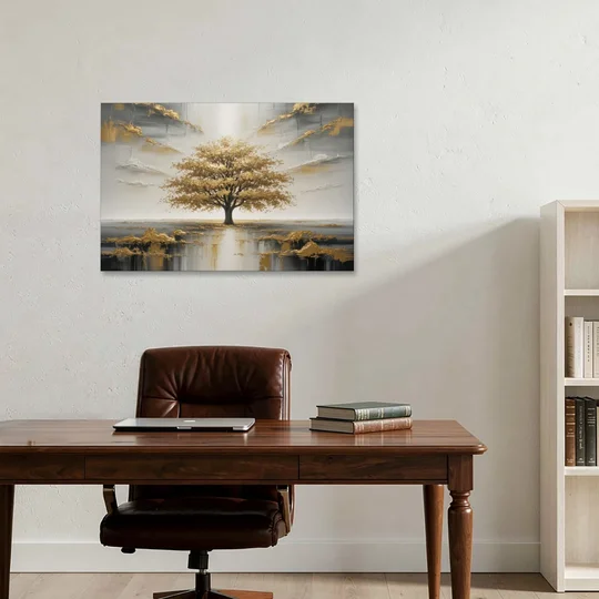 Majestic Tree Serenity White and Gold - Canvas Wall Art - Office - 36x24