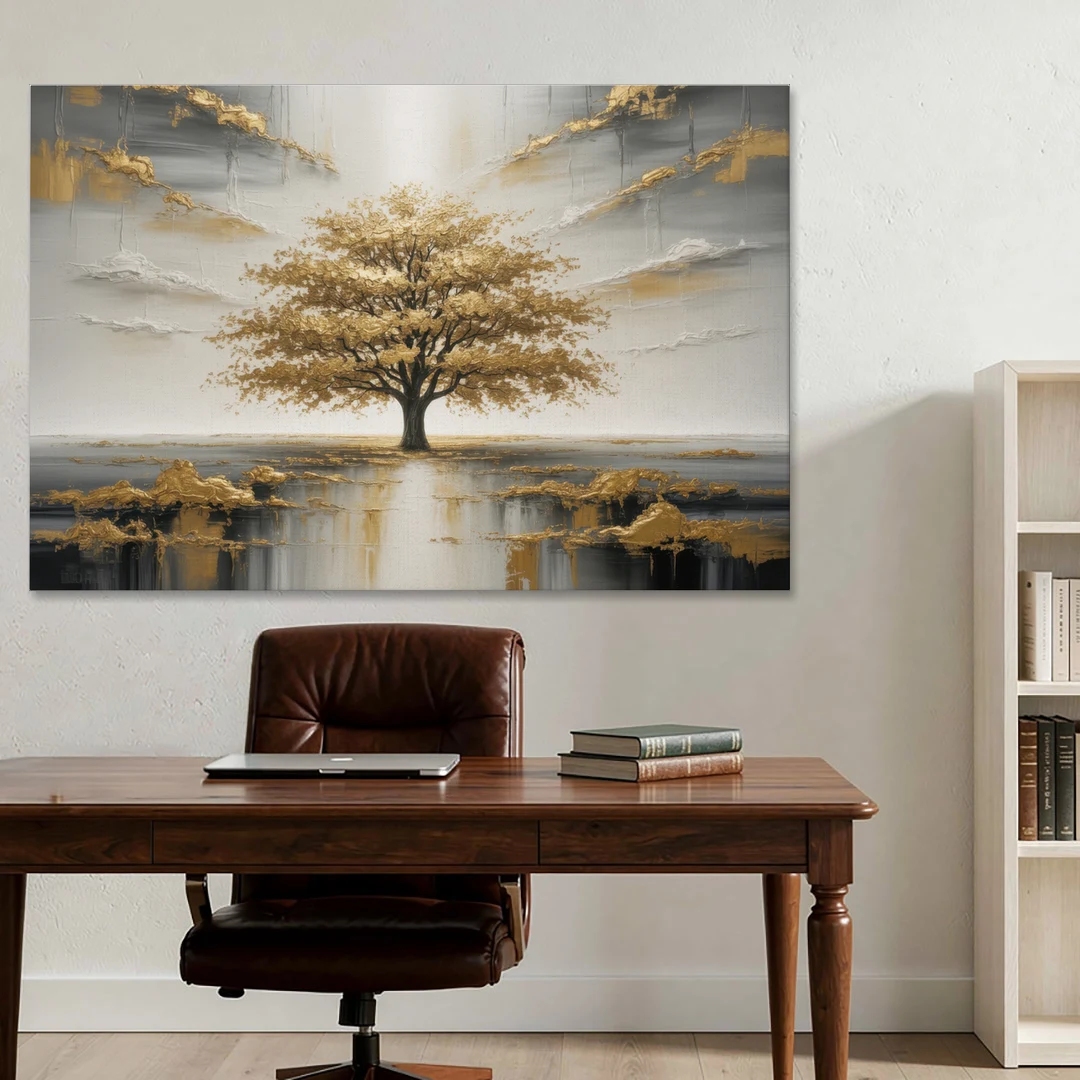 Majestic Tree Serenity White and Gold - Canvas Wall Art - Office - 60x40