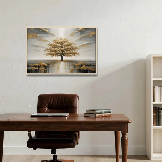 Majestic Tree Serenity White and Gold - Oak Framed Canvas Wall Art - Office - 36x24