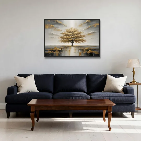 Majestic Tree Serenity White and Gold - Black Framed Canvas Wall Art - Sofa - 36x24