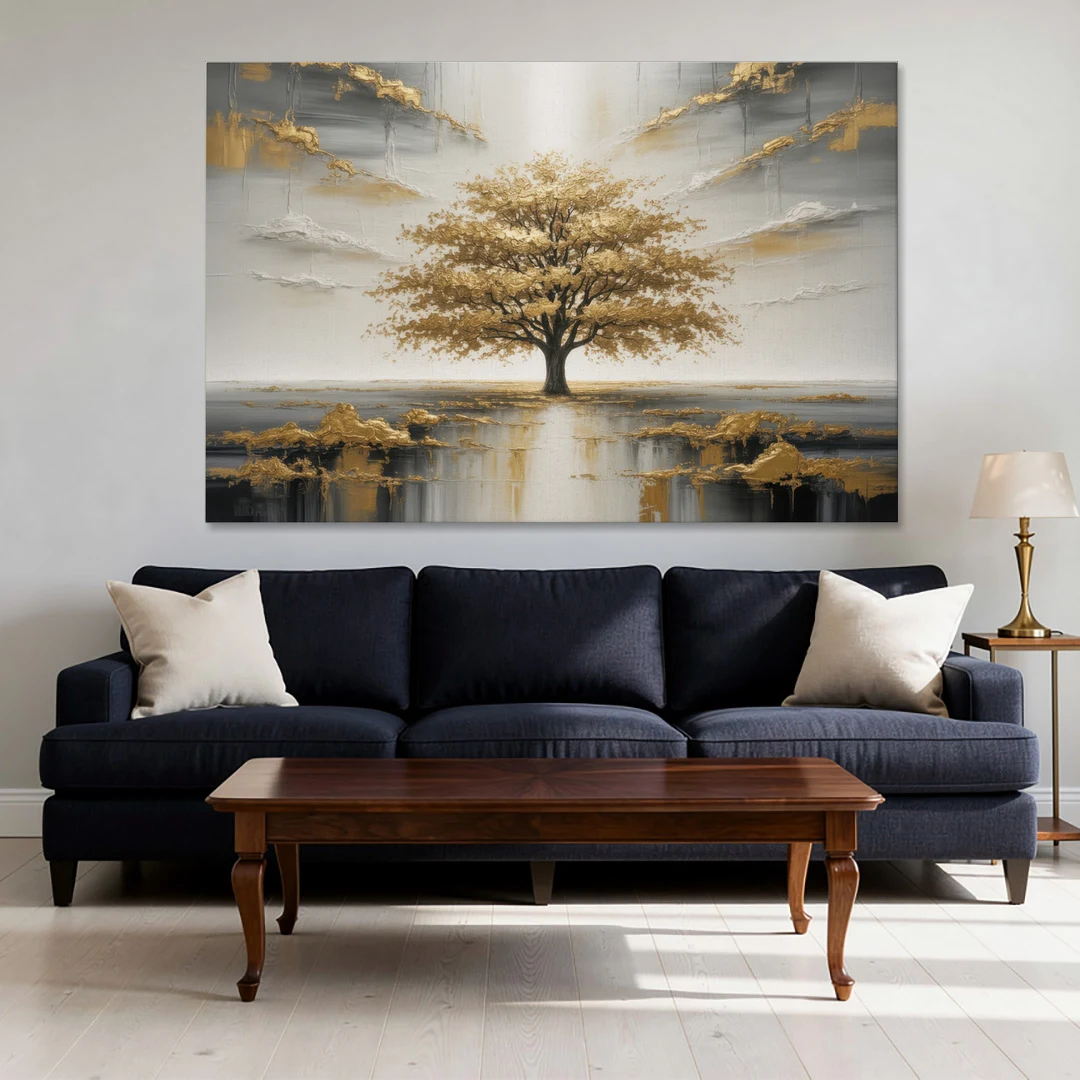 Majestic Tree Serenity White and Gold - Canvas Wall Art - Sofa - 60x40
