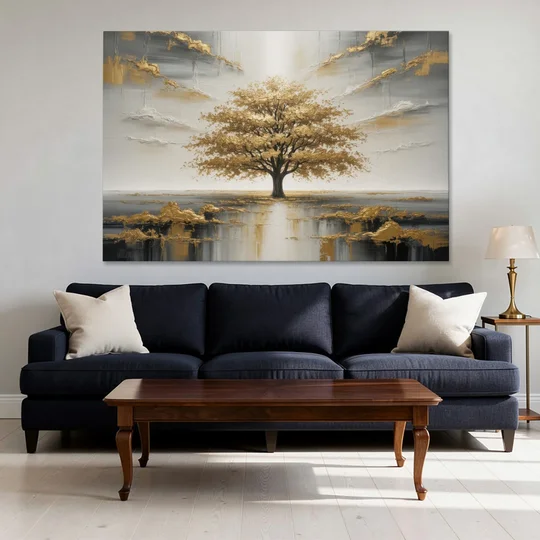 Majestic Tree Serenity White and Gold - Canvas Wall Art - Sofa - 60x40