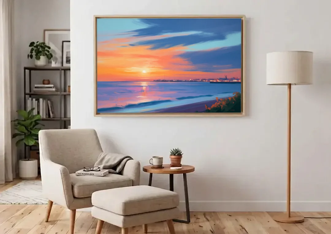 Malecon Campeche Sunset canvas wall art above an armchair in a bright living room