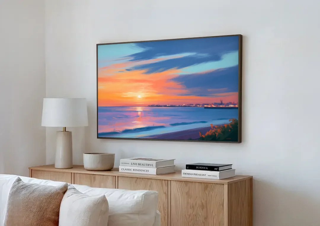 Malecon Campeche Sunset canvas wall art above a wooden sideboard next to a sofa