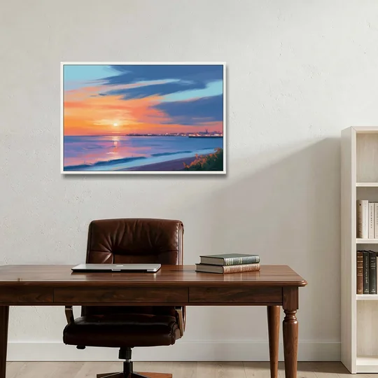 Malecon Campeche Sunset - White Framed Canvas Wall Art - Office - 36x24