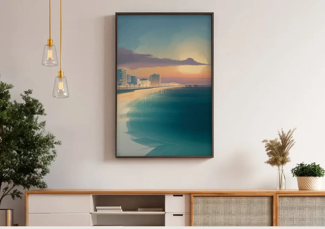 Malecón Tajamar Sunset canvas wall art above a wooden sideboard under pendant lights