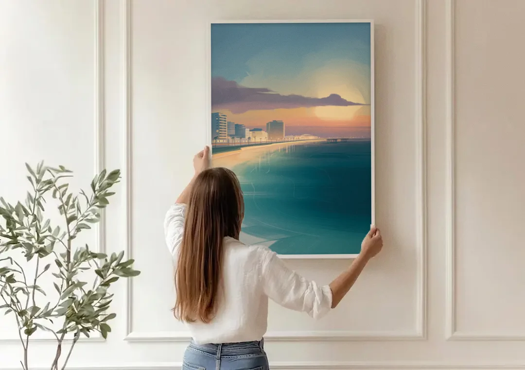 Malecón Tajamar Sunset canvas wall art being hung on a paneled wall