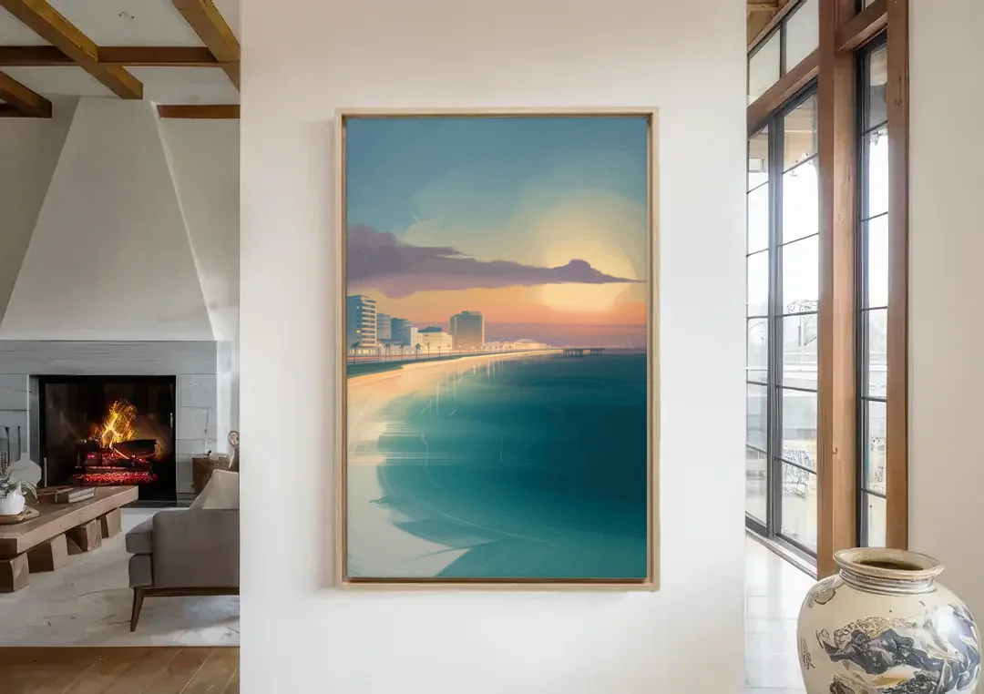 Malecón Tajamar Sunset canvas wall art in a living room with a fireplace