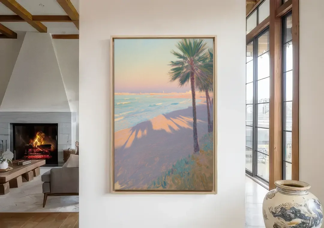 Malvarrosa Beach canvas wall art in a living room with a fireplace