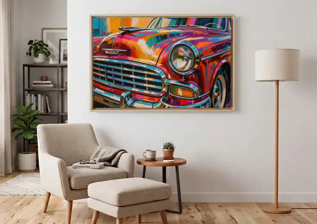 Man Cave Decor Chrome Grille and Headlight canvas wall art above an armchair in a bright living room