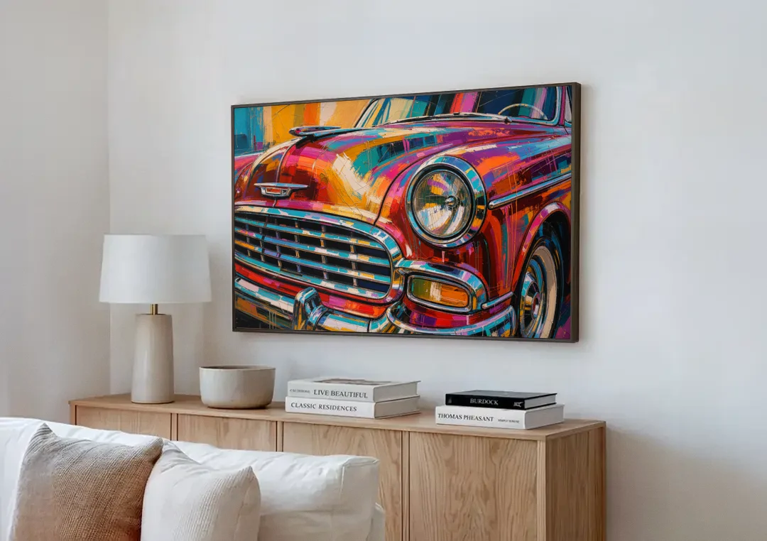 Man Cave Decor Chrome Grille and Headlight canvas wall art above a wooden sideboard next to a sofa