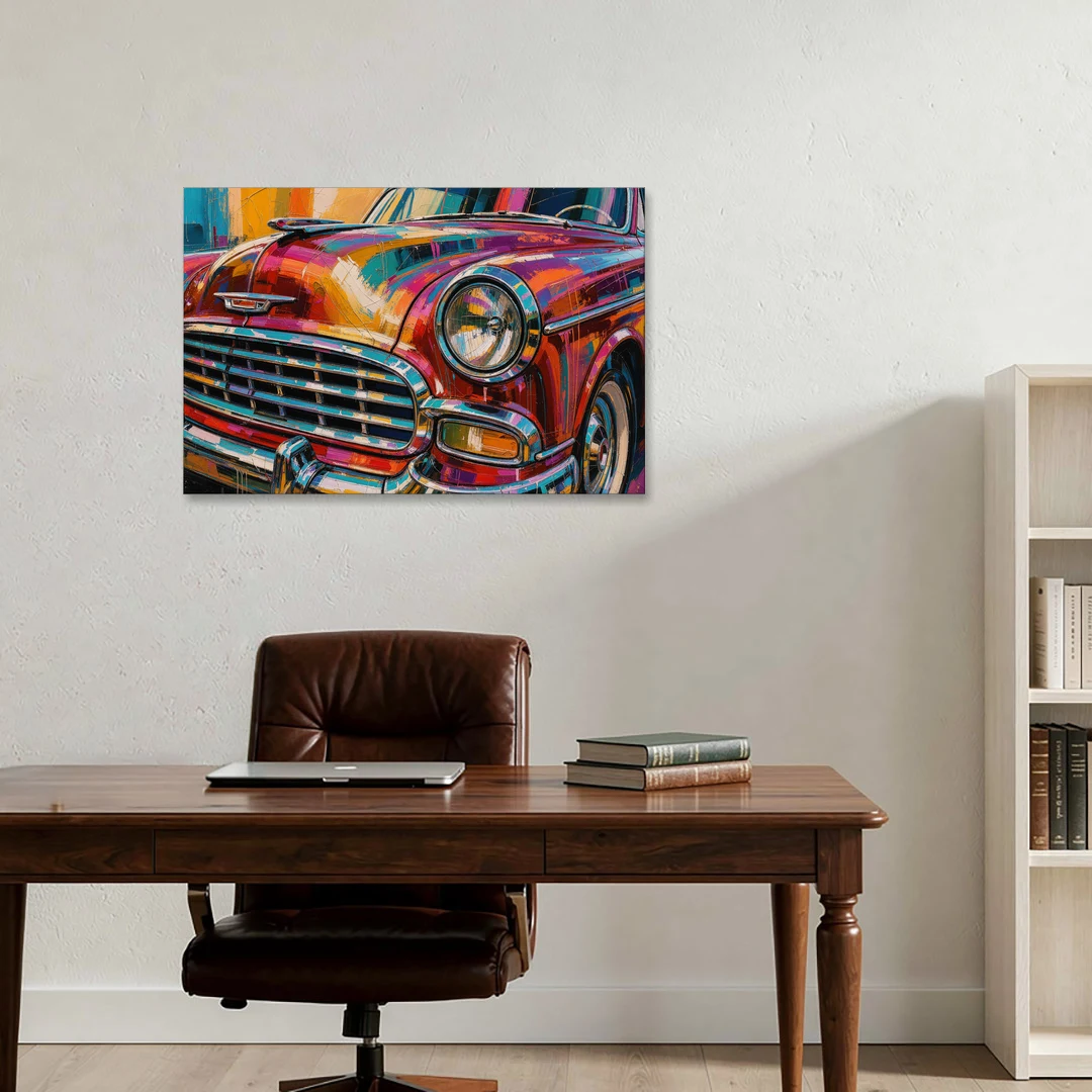Man Cave Decor Chrome Grille and Headlight - Canvas Wall Art - Office - 36x24