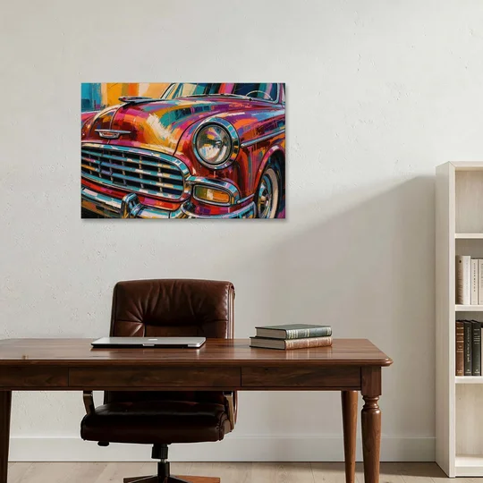Man Cave Decor Chrome Grille and Headlight - Canvas Wall Art - Office - 36x24