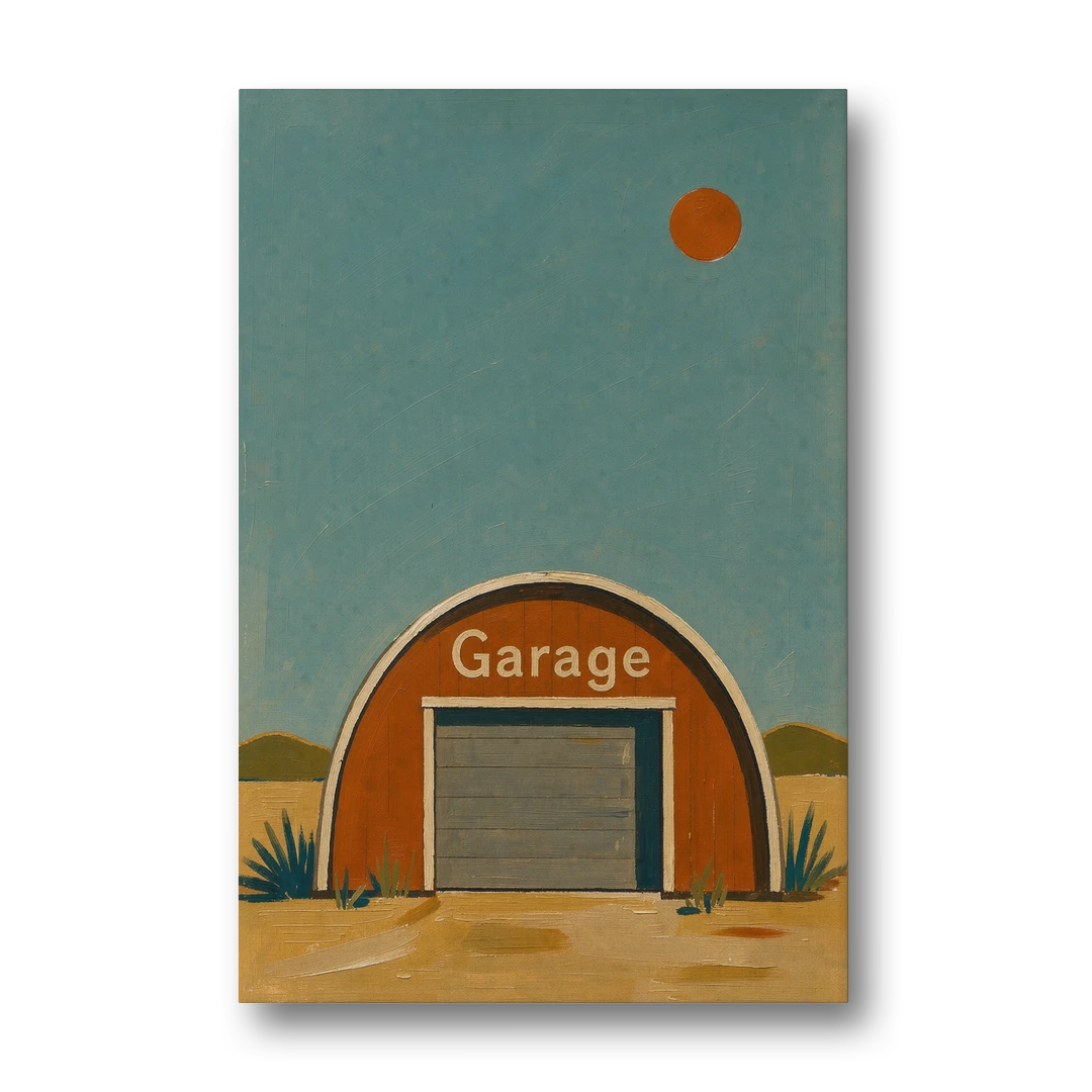 Man Cave Signs Quonset Garage Under an Orange Sun - Canvas Wall Art - Front