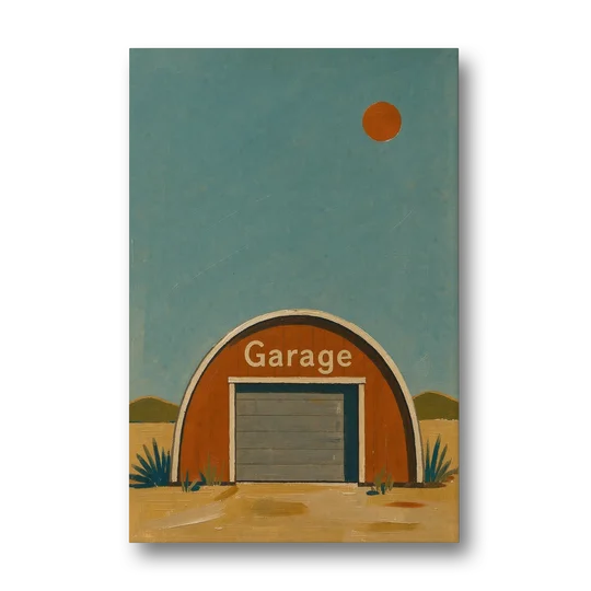 Man Cave Signs Quonset Garage Under an Orange Sun - Canvas Wall Art - Front
