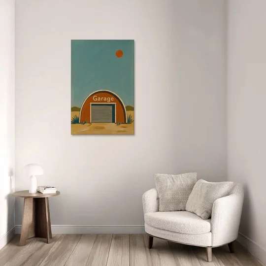 Man Cave Signs Quonset Garage Under an Orange Sun - Canvas Wall Art - Sofa - 24x36