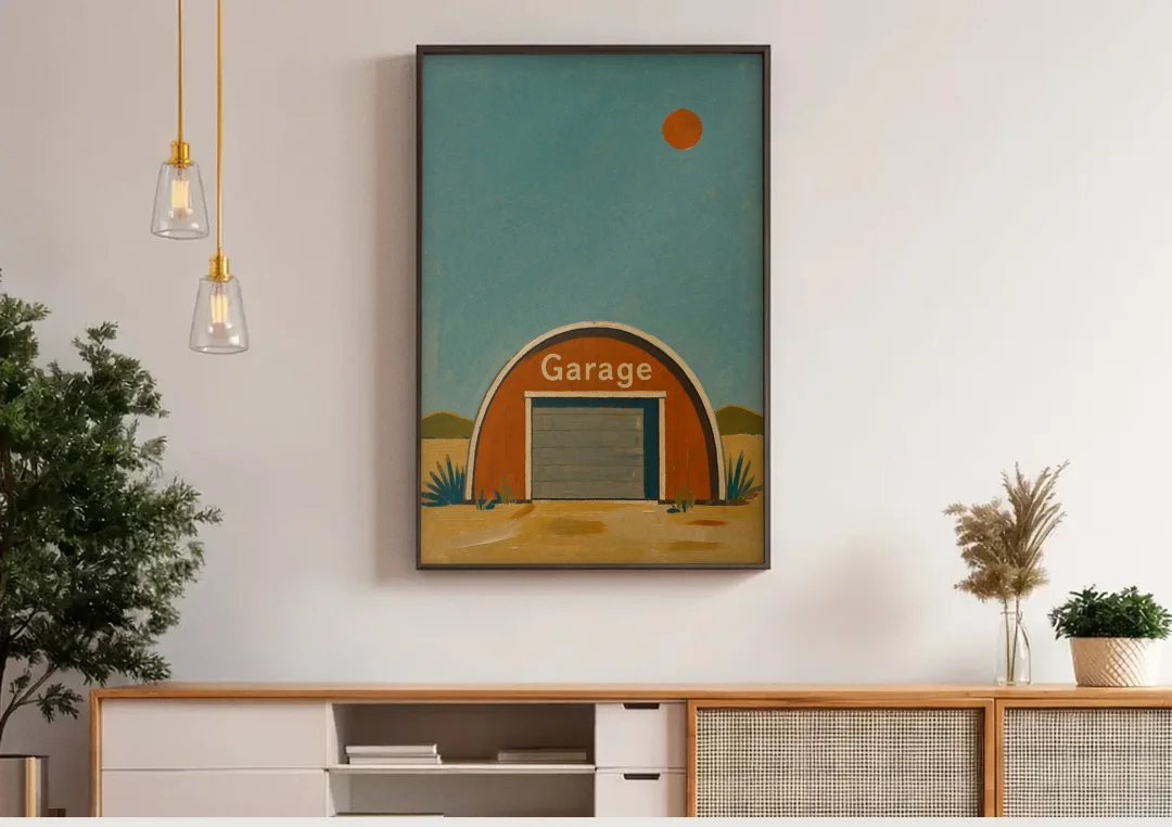 Man Cave Signs Quonset Garage Under an Orange Sun canvas wall art above a wooden sideboard under pendant lights