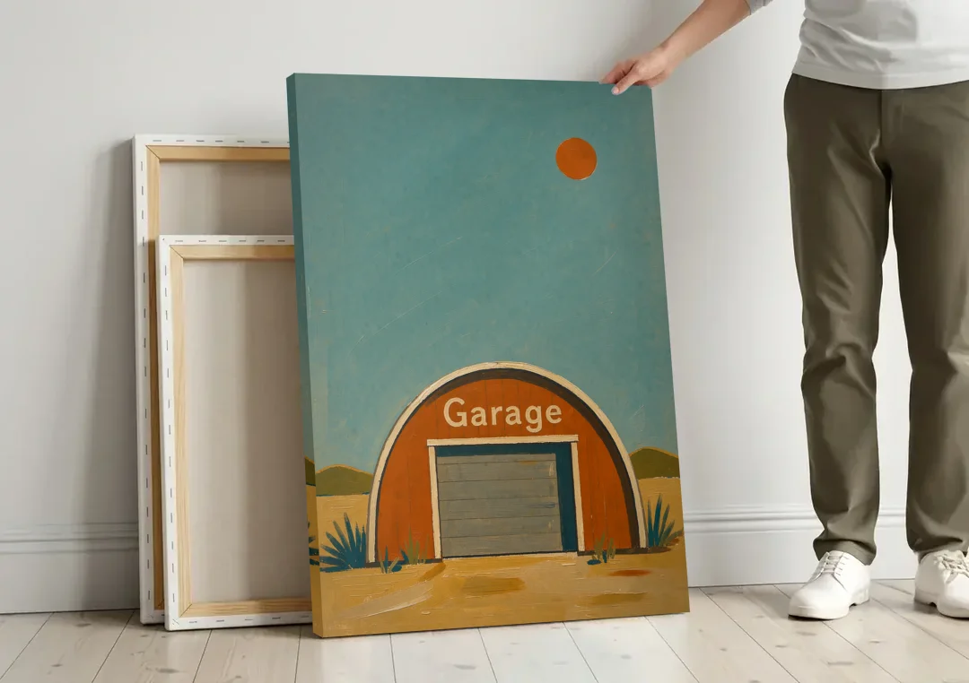 Man Cave Signs Quonset Garage Under an Orange Sun canvas wall art leaning against a wall next to blank canvases