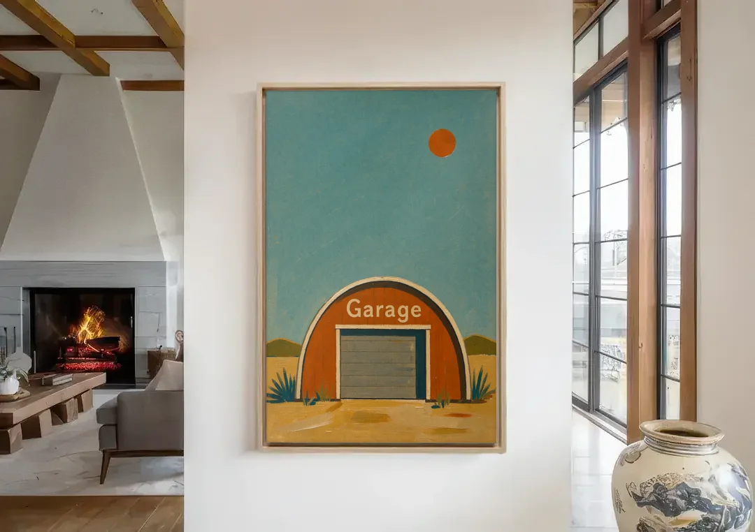 Man Cave Signs Quonset Garage Under an Orange Sun canvas wall art in a living room with a fireplace