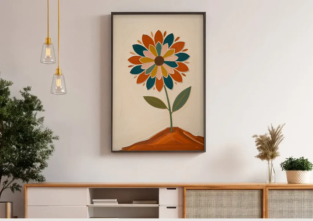 Mandala Wall Art Bloom on a Clay Hill canvas wall art above a wooden sideboard under pendant lights