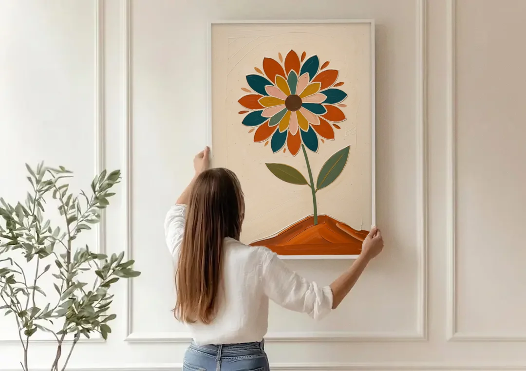 Mandala Wall Art Bloom on a Clay Hill canvas wall art being hung on a paneled wall