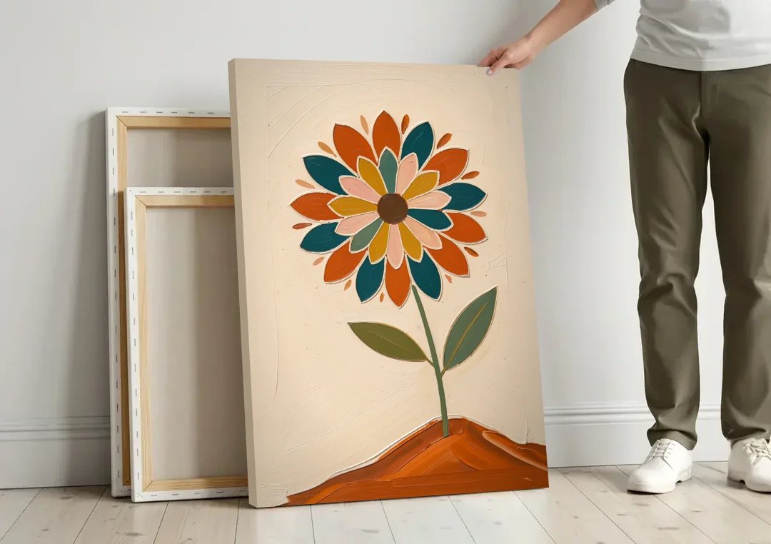 Mandala Wall Art Bloom on a Clay Hill canvas wall art leaning against a wall next to blank canvases