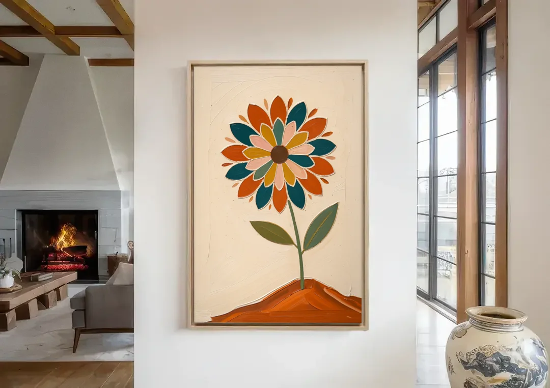 Mandala Wall Art Bloom on a Clay Hill canvas wall art in a living room with a fireplace