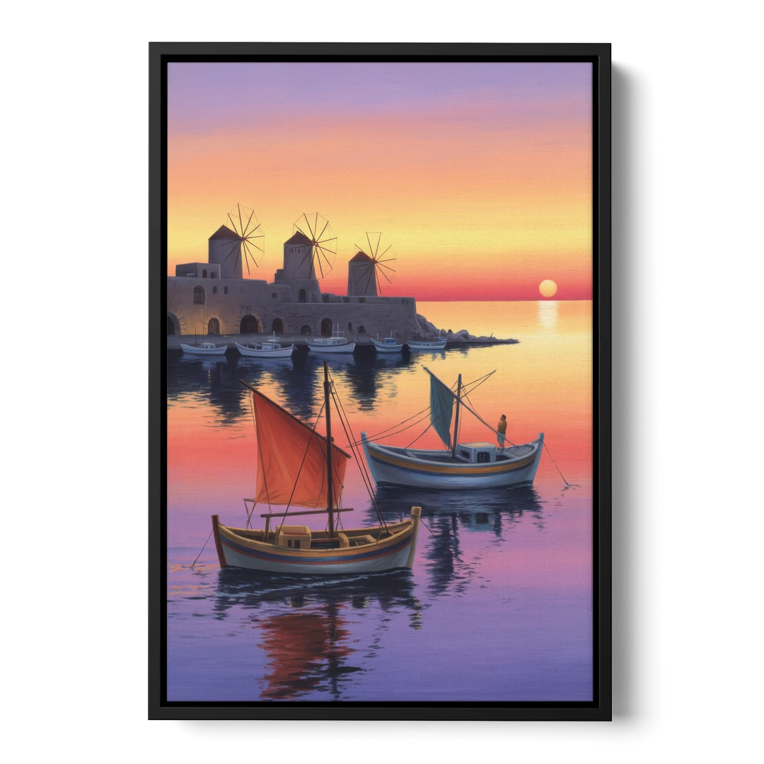Mandraki Harbor - Black Framed Canvas Wall Art - Front