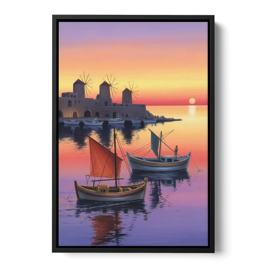 Mandraki Harbor - Black Framed Canvas Wall Art - Front