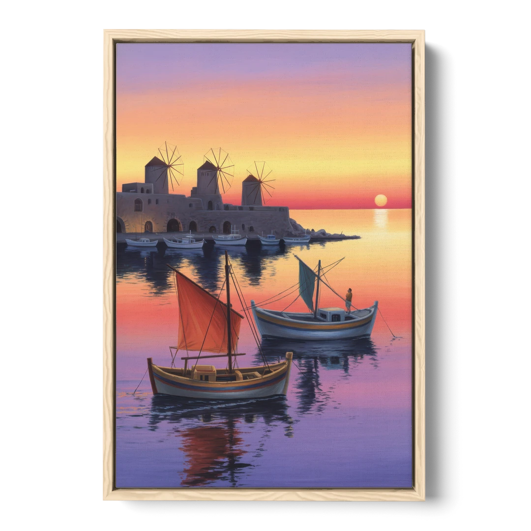 Mandraki Harbor - Oak Framed Canvas Wall Art - Front