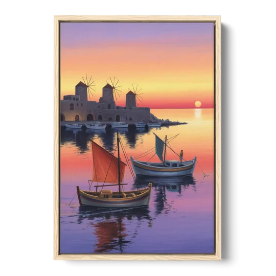 Mandraki Harbor - Oak Framed Canvas Wall Art - Front