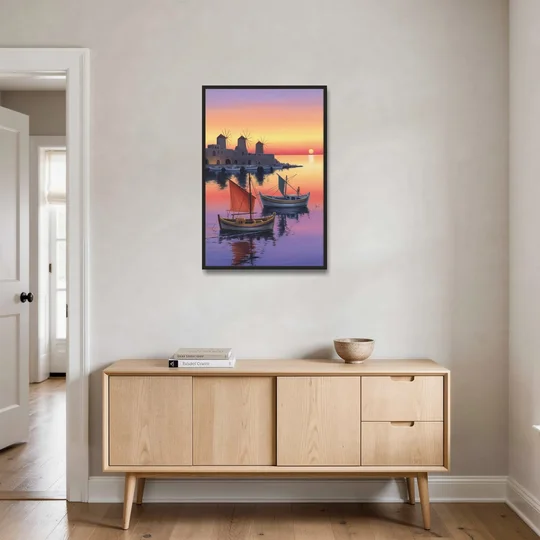 Mandraki Harbor - Black Framed Canvas Wall Art - Coffee Table - 24x36
