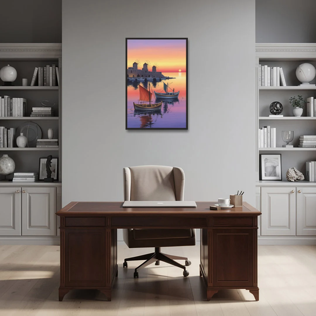 Mandraki Harbor - Black Framed Canvas Wall Art - Office - 24x36