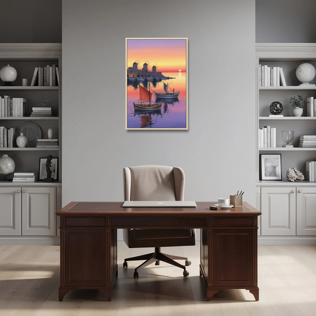 Mandraki Harbor - Oak Framed Canvas Wall Art - Office - 24x36