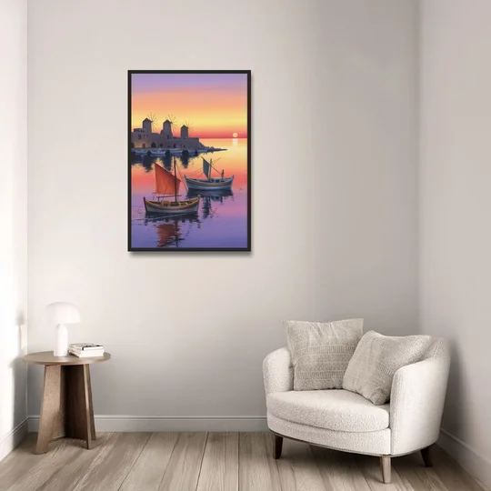 Mandraki Harbor - Black Framed Canvas Wall Art - Sofa - 24x36