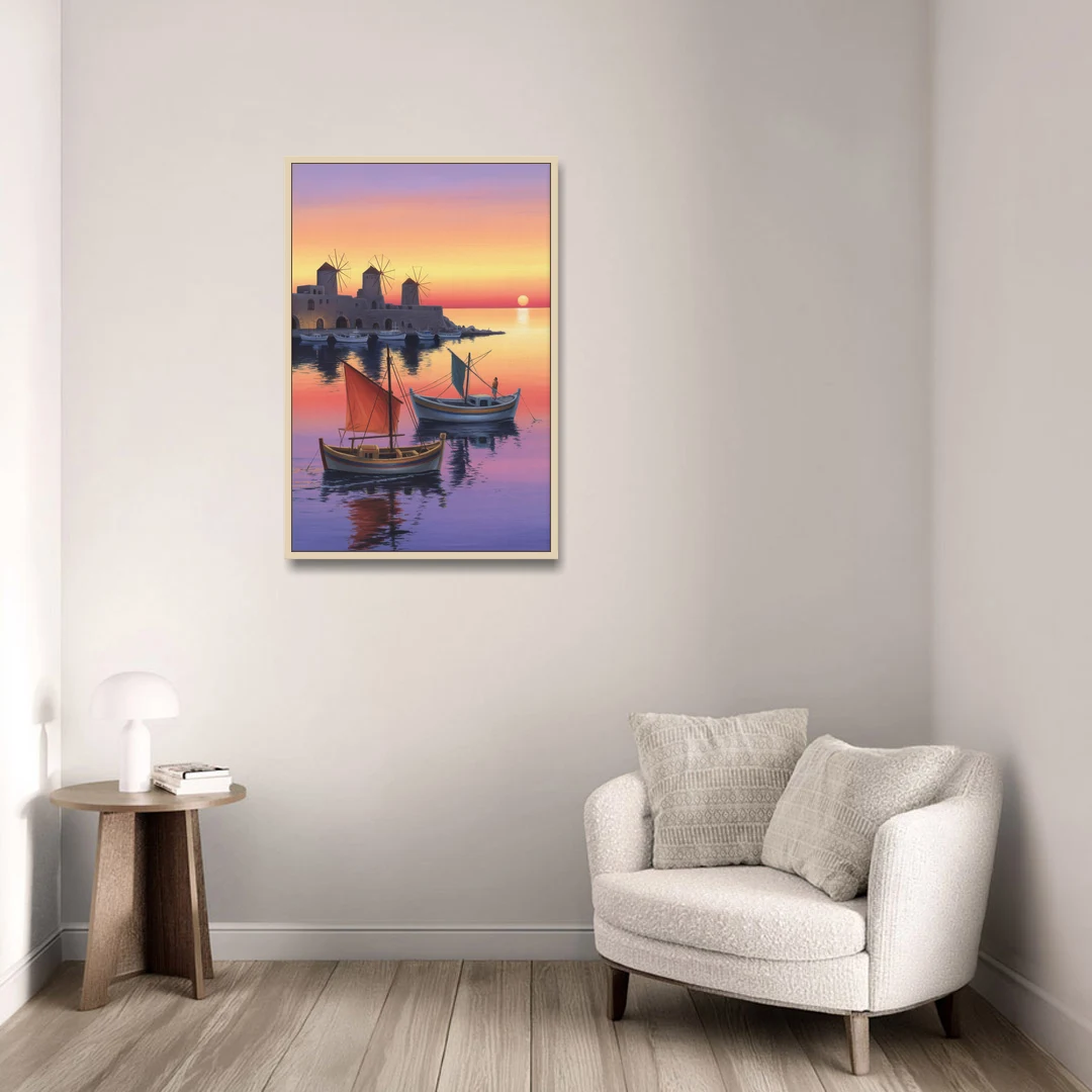 Mandraki Harbor - Oak Framed Canvas Wall Art - Sofa - 24x36