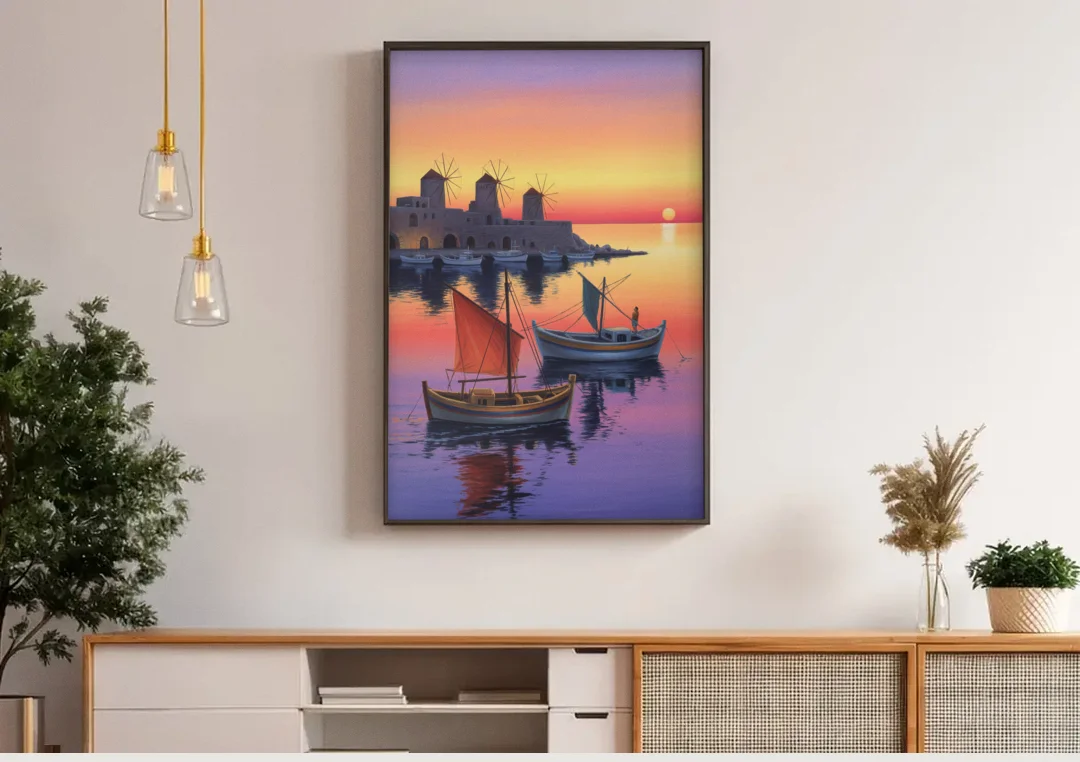 Mandraki Harbor canvas wall art above a wooden sideboard under pendant lights