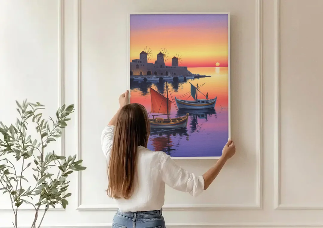 Mandraki Harbor canvas wall art being hung on a paneled wall