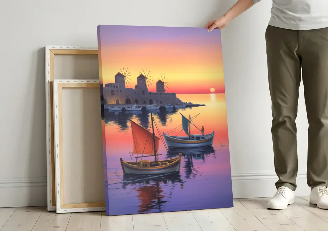 Mandraki Harbor canvas wall art leaning against a wall next to blank canvases
